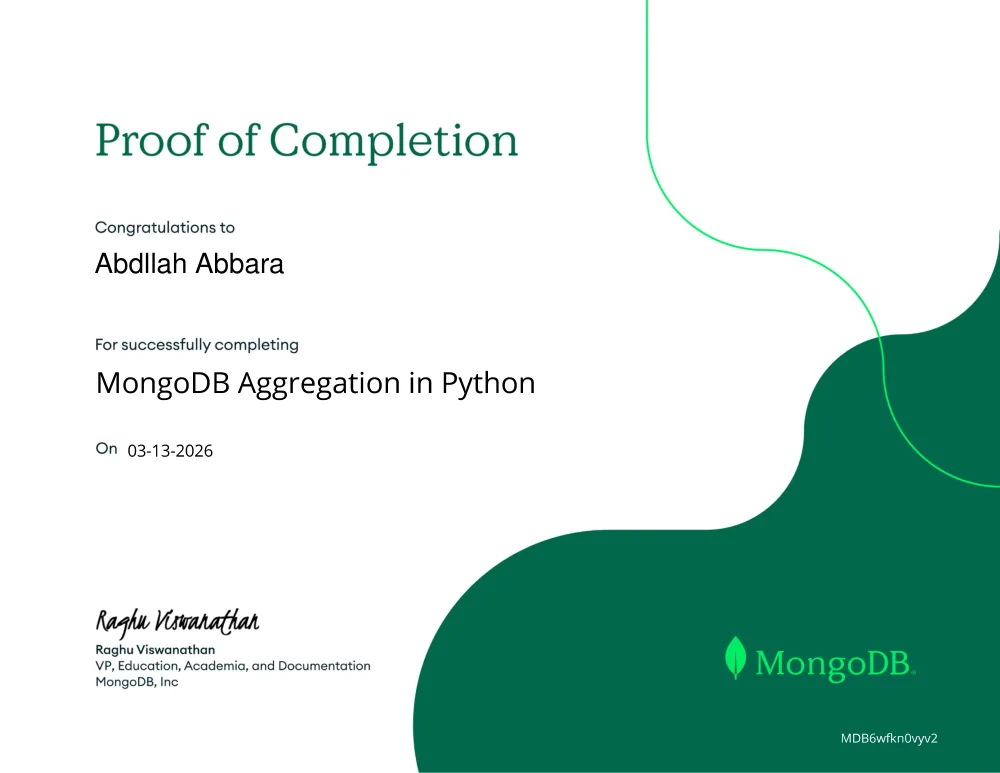 MongoDB Aggregation in Python certificate, issued by MongoDB