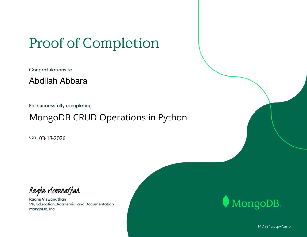 MongoDB CRUD Operations in Python certificate, issued by MongoDB